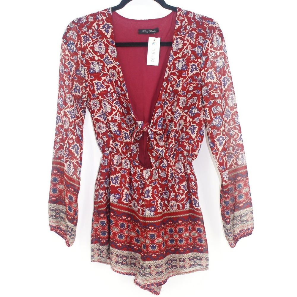 Honey Punch Burgundy Floral Tie Front Romper Long Sleeve Shimmer Boho Chic Small